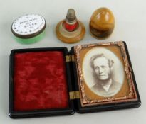 THREE SMALL ANTIQUE COLLECTIBLES, comprising SOUTH STAFFORDSHIRE ENAMEL PATCH BOX with mirrored