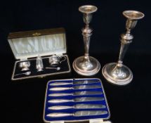 PAIR OLD SHEFFIELD PLATE TABLE CANDLESTICKS & BOXED TABLEWARES, the candlesticks of near classical