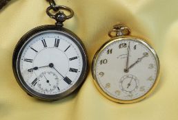 TWO SWISS POCKET WATCHES, gold plated slim open faced watch with silvered Arabic dial, lever