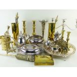 ASSORTED 20TH CENTURY ELECTROPLATE & BRASSWARE, including brass candlesticks, brass mortar and