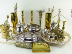 ASSORTED 20TH CENTURY ELECTROPLATE & BRASSWARE, including brass candlesticks, brass mortar and