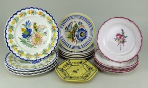 ASSORTED FRENCH FAIENCE DISHES, including two groups of four and five Quimper dishes 26cms and 20cms