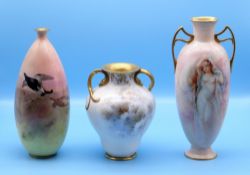 THREE PIECES OF DOULTON comprising Doulton Burslem twin handled vase titled 'Coming of Spring'