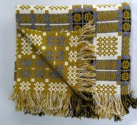 WELSH CWMLLWCHWR TAPESTRY BLANKET, mustard, cream and black, fringed with green label, 185 x