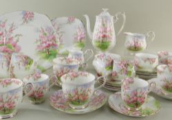ROYAL ALBERT 'BLOSSOM TIME' BONE CHINA TEA & COFFEE SET FOR SIX, comprising coffee pot, two milk and