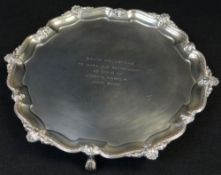GEORGE V SILVER PRESENTATION SALVER, Birmingham 1927 by Edward & Sons, shaped shell and strapwork