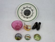 MIXED POTTERY & GLASSWARE GROUP - a small colourful 'Hen on Nest', three paperweights, one depicting