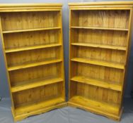 MODERN PINE OPEN BOOKCASES (2) - with adjustable shelving on shaped plinth bases, 166cms H, 88cms W,