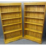 MODERN PINE OPEN BOOKCASES (2) - with adjustable shelving on shaped plinth bases, 166cms H, 88cms W,