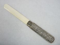 SILVER & IVORY PAGE TURNER - the silver handle 17cms L, with floral scrolled decoration, French,