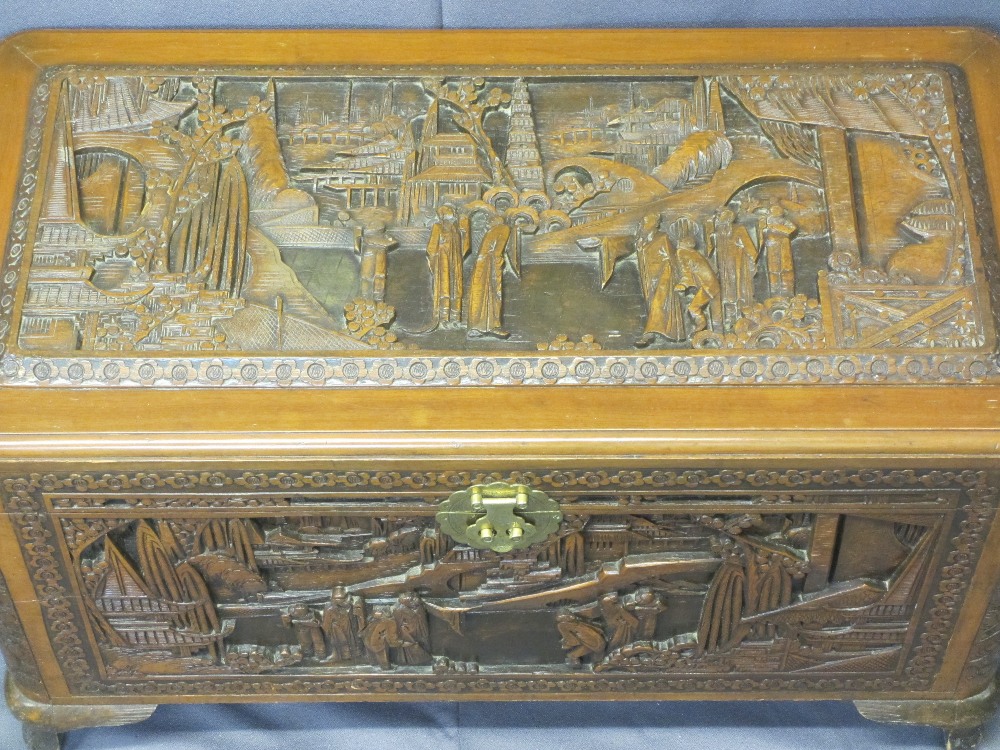 CHINESE CAMPHORWOOD LIDDED CHEST - deep carved pagodas and people in garden settings, original brass - Image 4 of 7