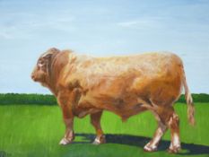 FRAMED PICTURES & PRINTS (4) - an oil on board of a prize bull, indistinct artist's initials, 34.5 x