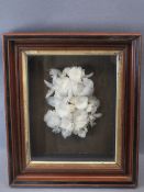 VICTORIAN MOURNING FEATHER WREATH in a shadow box case, 47 x 39.75cms overall measurements