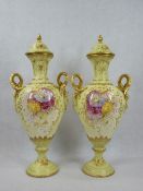 ROYAL BONN TWIN-HANDLED VASES & COVERS, A PAIR - floral decorated with gilt highlighting (A/F), 45cm