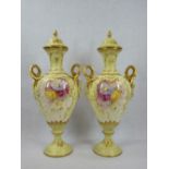 ROYAL BONN TWIN-HANDLED VASES & COVERS, A PAIR - floral decorated with gilt highlighting (A/F), 45cm