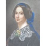 C M 19TH CENTURY SCHOOL - oval format, mixed media - Portrait of a Lady with blue hair ribbon and