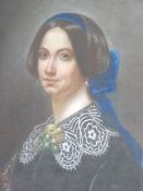 C M 19TH CENTURY SCHOOL - oval format, mixed media - Portrait of a Lady with blue hair ribbon and