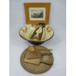 KITCHENALIA - a slipware style milk pan, a pair of wooden butter pats and a spoon, metal shears,