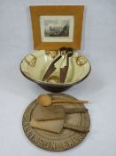 KITCHENALIA - a slipware style milk pan, a pair of wooden butter pats and a spoon, metal shears,