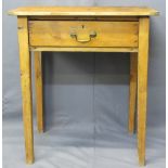 ANTIQUE PINE SINGLE DRAWER SIDE TABLE - on square supports, 77cms H, 71cms W, 49.5cms D