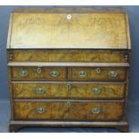GEORGE III WALNUT FALL FRONT BUREAU - having later replacements, crossbanded burr walnut sectional