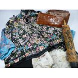 ORIENTAL SILK & EMBROIDERED JACKETS, Japanese painted parasol and two snakeskin type hand bags