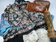 ORIENTAL SILK & EMBROIDERED JACKETS, Japanese painted parasol and two snakeskin type hand bags