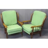 VINTAGE STICK BACK FIRESIDE ARMCHAIRS - Ercol/Parker Knoll style with reupholstered slip-off green