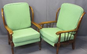 VINTAGE STICK BACK FIRESIDE ARMCHAIRS - Ercol/Parker Knoll style with reupholstered slip-off green