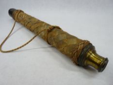 VICTORIAN BRASS SINGLE DRAW TELESCOPE - the casing bound in cloth and twine, 70cms L closed