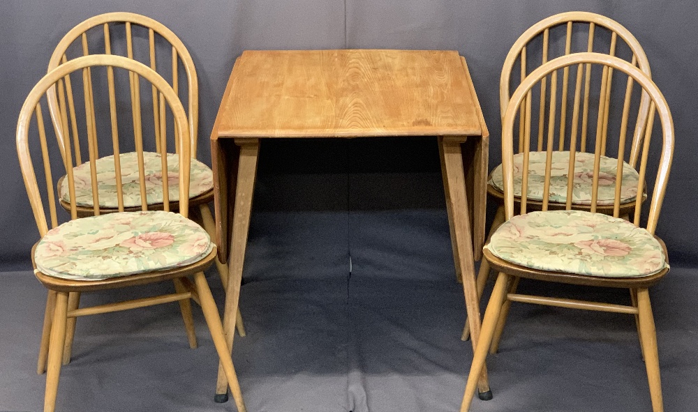 ERCOL LIGHT ELM DROP-LEAF DINING TABLE & FOUR HOOP SPINDLE BACK CHAIRS - original blue labels