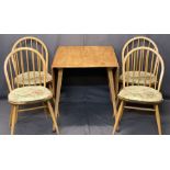 ERCOL LIGHT ELM DROP-LEAF DINING TABLE & FOUR HOOP SPINDLE BACK CHAIRS - original blue labels