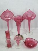 CRANBERRY GLASSWARE, 6 ITEMS - a pair of 'Jack in the Pulpit' vases, 34cm heights, fluted vase on