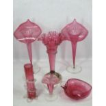 CRANBERRY GLASSWARE, 6 ITEMS - a pair of 'Jack in the Pulpit' vases, 34cm heights, fluted vase on