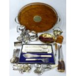 GOOD OAK TWIN-HANDLED GALLERIED TRAY and a quantity of cased and loose EPNS cutlery and other