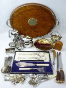 GOOD OAK TWIN-HANDLED GALLERIED TRAY and a quantity of cased and loose EPNS cutlery and other