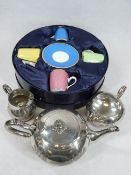 BOXED ROYAL WORCESTER COFFEE SET OF CUPS & SAUCERS and a three piece EPNS teaset, the Worcester