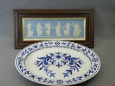 OAK FRAMED JASPERWARE PLAQUE and a Royal Worcester Blue & White meat platter with well, the plaque