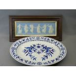 OAK FRAMED JASPERWARE PLAQUE and a Royal Worcester Blue & White meat platter with well, the plaque