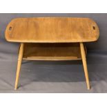 ERCOL LIGHT ELM BUTLER'S TYPE TABLE - the top having fret cut carry handles with under-tier shelf (