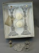 TIPPERARY CRYSTAL GLASS CANDLESTICKS, a pair boxed, salts (6) and a silver topped glass smelling