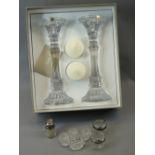 TIPPERARY CRYSTAL GLASS CANDLESTICKS, a pair boxed, salts (6) and a silver topped glass smelling