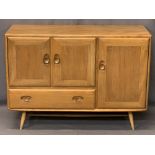 ERCOL LIGHT ELM WINDSOR SIDEBOARD CIRCA 1960 MODEL 366 designed by Lucian Ercolani, on tapered
