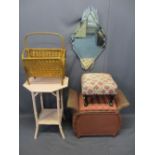 VINTAGE & LATER FURNITURE PARCEL, 5 ITEMS - a snazzy Art Deco mirror, Lloyd Loom style box seat