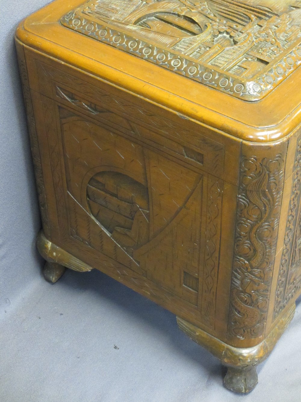 CHINESE CAMPHORWOOD LIDDED CHEST - deep carved pagodas and people in garden settings, original brass - Image 2 of 7