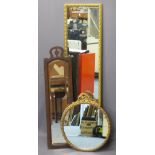 VINTAGE & LATER WALL MIRRORS (3) - a long rectangular gilt example, 125cms H, 34cms W, mahogany