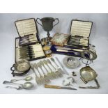 CASED CUTLERY, EPNS & OTHER METAL WARE including a twin-handled pewter trophy cup