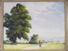 D DONALD acrylic - country type village scene with a figure walking the dog, 45.5 x 58.5cms,