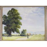 D DONALD acrylic - country type village scene with a figure walking the dog, 45.5 x 58.5cms,