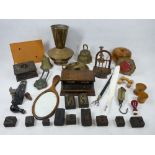 VINTAGE TREEN & BRASSWARE ETC - a mixed quantity including printer's board lettering, oak double ink